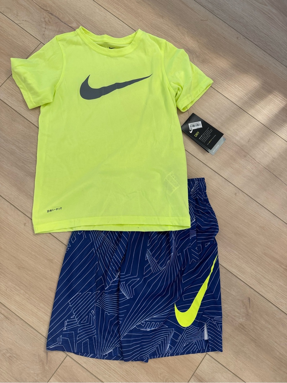 NWT Nike Youth Dri-FIT Neon Yellow Tee & Navy Shorts Set